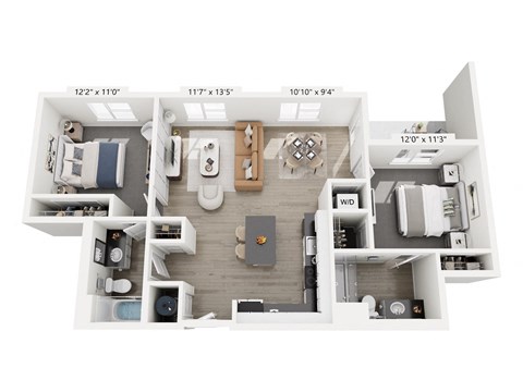 The Interplay floor plan at Contrast OTR in Cincinnati’s Over-the-Rhine is a two-bedroom, two-bath with open living, modern kitchen, and in-unit laundry—perfect for downtown living near TQL Stadium